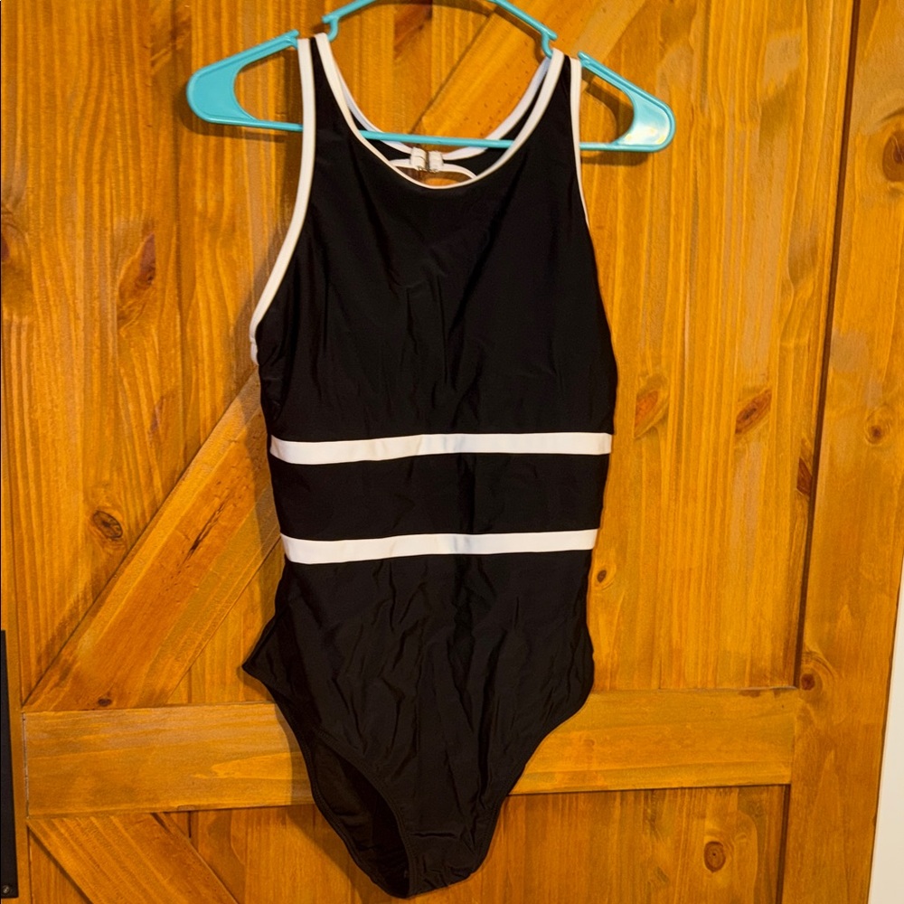 Women’s Black One-Piece Swimsuit with White Stripes